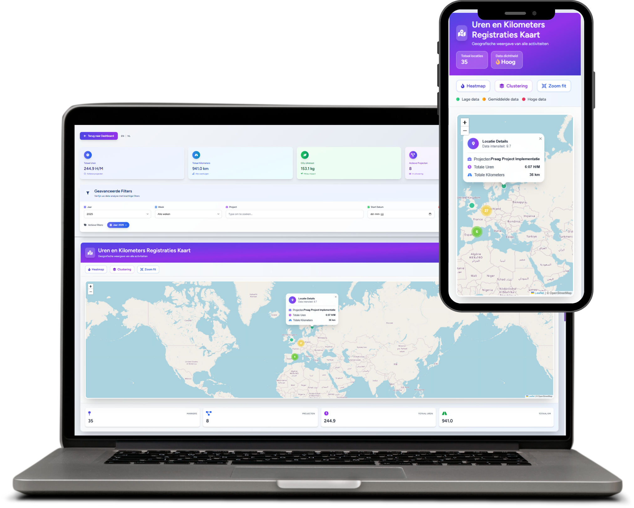 GIS kaart met geregistreerde locaties, projecten en werkuren per locatie