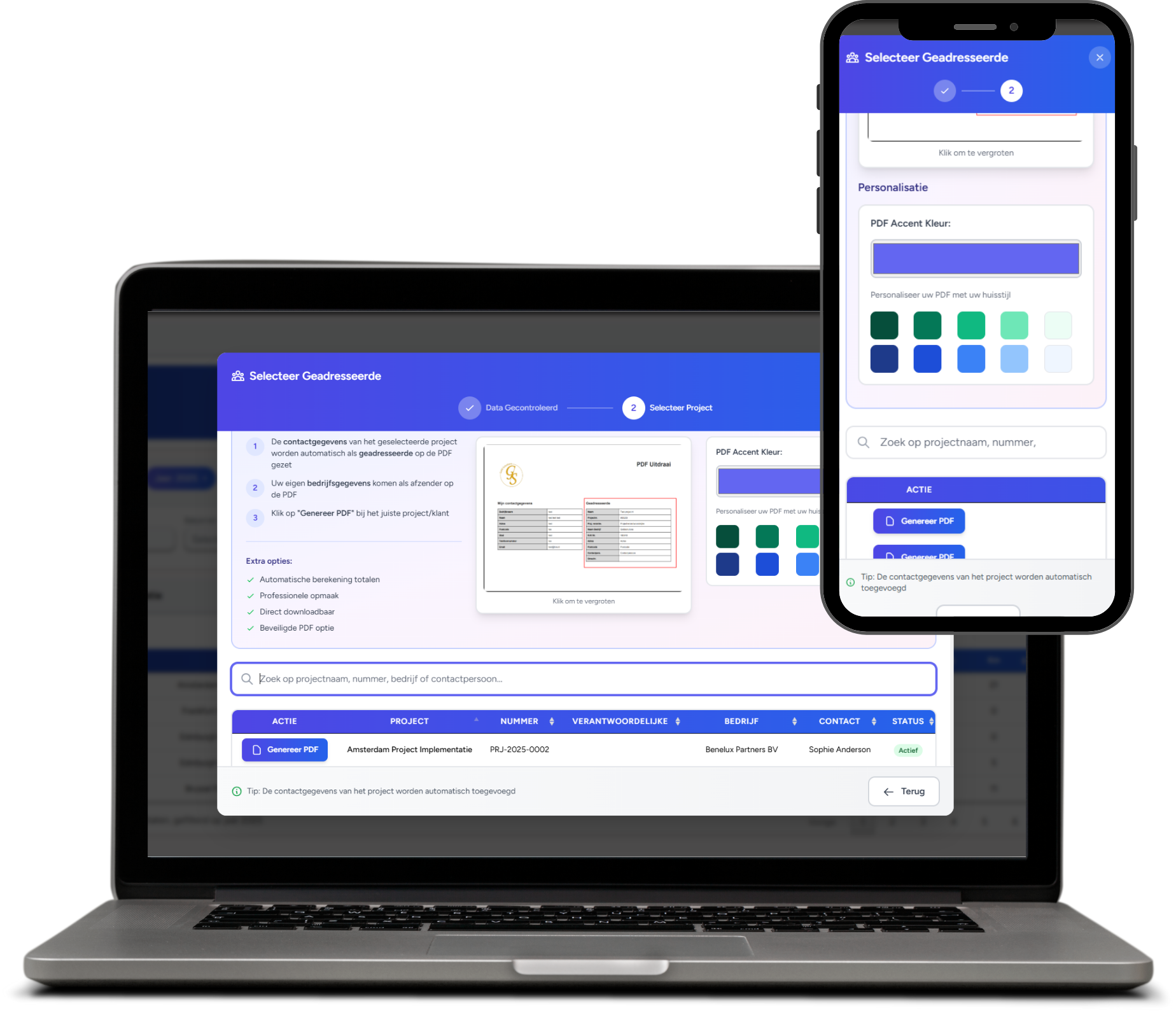 PDF export met bedrijfslogo en gepersonaliseerde styling