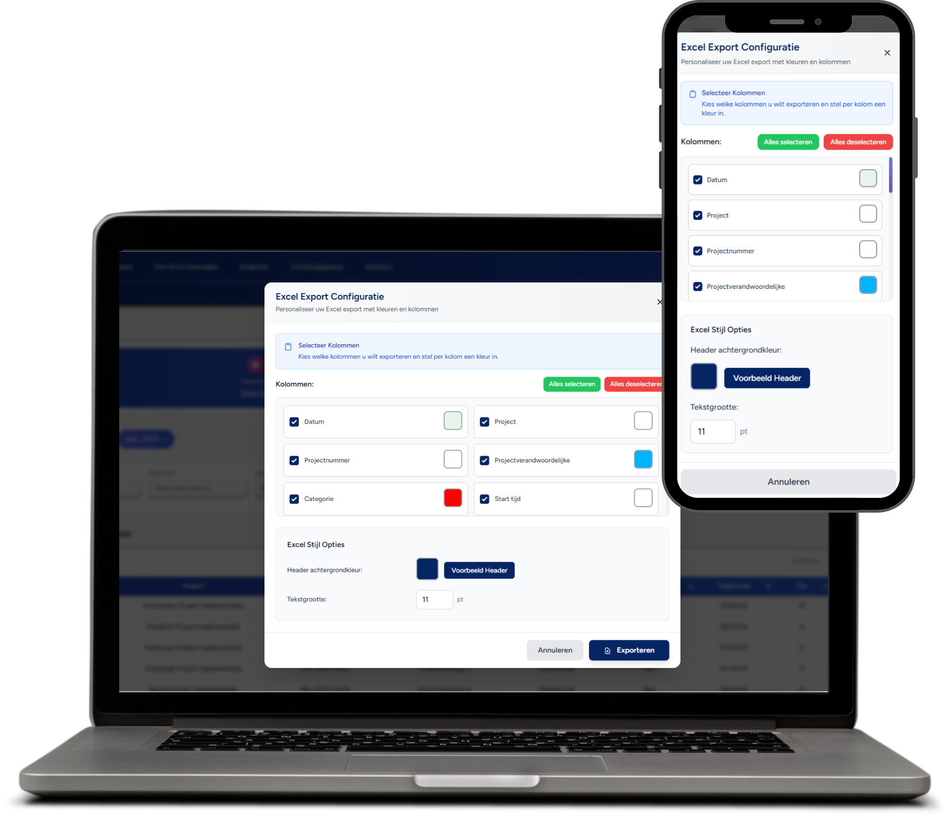 Excel export functie met gepersonaliseerde rapportages en filters
