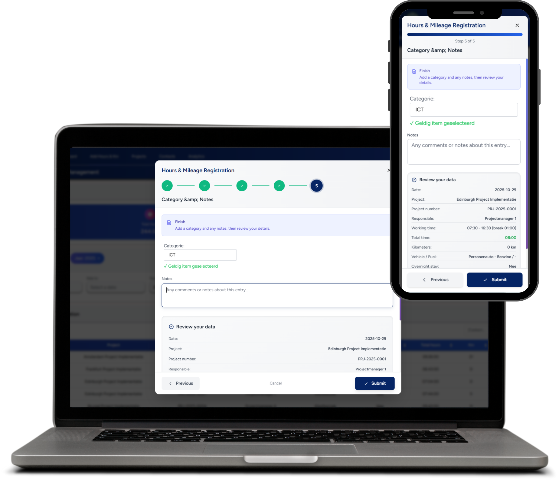 Urenregistratie en kilometeradministratie app met voertuig en brandstoftype selectie